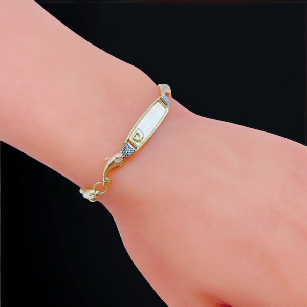 BR005 Esclava baby peso medio en 3 tonos de delfín con placa tamaño 6" peso 3.3gr precio $330.00 disponible 1 pieza_
